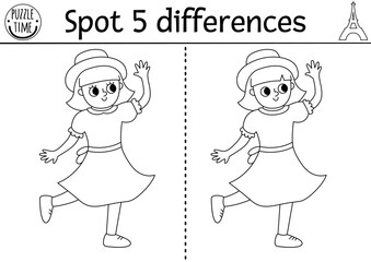 Wall Mural - Find differences game for children. Educational black and white activity with cute girl dancing in beautiful dress. Puzzle for kids with French character. Printable worksheet or coloring page.