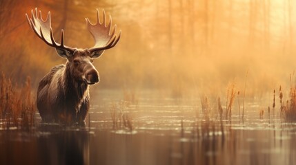 Wall Mural - Moose in the swamp at sunset, AI