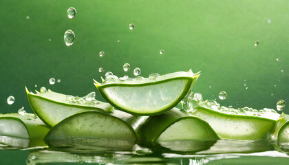 Wall Mural - aloe vera slices under water on green background copy space banner