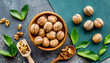 fresh healthy walnuts in bowl on colored table background top view healthy eating bertholletia concept super foods