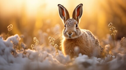 Wall Mural - A rabbit is standing in the snow with sunlight, AI