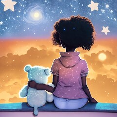 Canvas Print - a girl sitting with a teddy bear on a tree and watching the night sky