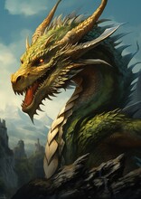 Dragon Large Head Sharp Tail Emerald Green Eyes Engines Exploitable Front Trading Card Splash Princess Classic Illustrations Mountainous Background Kingdom Elves