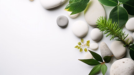 Wall Mural - A plain white backdrop featuring greenery and rocks, with ample space for text, is ideal for beauty products.