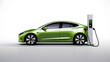 Green Electric Car at Charging Station on White Background