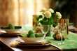 A festive table setting with green decor and a 