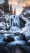 snowy waterfall icicles trees background newspaper ratio young lava streams north reflect during dawn