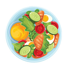 Wall Mural - Salad vector illustration. Cartoon isolated top view of round plate with healthy fresh vegetables slices and eggs, croutons or chicken meat pieces, cooked salad in bowl for restaurant or home menu