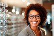 A beautiful smiling African-American woman chooses a frame for glasses in a modern optics store. Close-up of a happy middle-aged woman