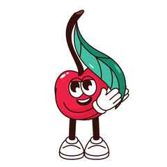 Wall Mural - Groovy cherry character vector illustration. Cartoon isolated retro sticker of cute summer berry fruit mascot with funny expression on face and leaf on stem, kawaii cherry with arms and legs