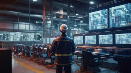 Poster - Back view of engineer in safety helmet and uniforms   AI generated illustration