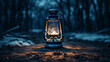 a tourist lantern stands on frozen ground on a dark night. ai generative