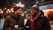 Gay couple strolls enjoying air and warmth of company in park. Black and white gays walk with coffee cups in hands chatting. Boyfriends continue journey with evident love against Christmas decoration.