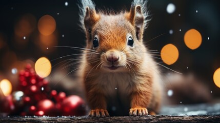 squirrel portrait on the background of a Christmas tree. Merry Christmas and Happy New Year concept