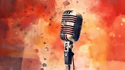 Poster - Retro style microphone on a stage with watercolor background  AI generated illustration