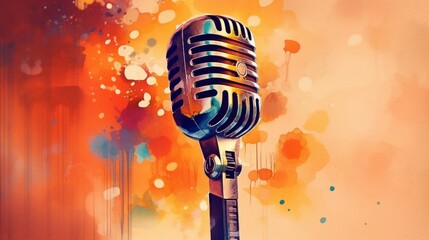 Poster - Retro style microphone on a stage with watercolor background  AI generated illustration