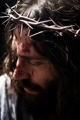 Wall Mural - Jesus in crown of thorns suffers scourging and pain of savior because of rejection of world. Jesus in crown of thorns symbolizes victory of life over death and victory of greatness over pain.