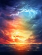© Kateryna - Weather forecast concept background - various weather conditions, bright sun and blue sky, dark stormy sky with lightning, sunset and night, AI generator
