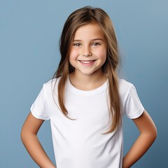 Wall Mural - little girl wearing a plain white t-shirt against a studio background