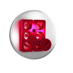 Sticker - Red Pills in blister pack icon isolated on transparent background. Medical drug package for tablet, vitamin, antibiotic, aspirin. Silver circle button.