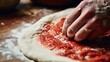 Rustic Neapolitan Pizza Dough Being Topped with Tomato Sauce
