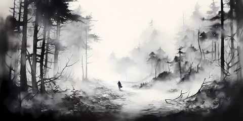 Abstract art drawing by asian style. Black and white landscape, ink drawing.