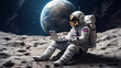 An astronaut sits on the moon with his laptop.
