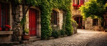 In The Quaint Streets Of Europe A Vintage House With A Red Door Stands Among The Stone Buildings Showcasing An Old World Charm And Architectural Design The Wooden Walls Adorned With Green V