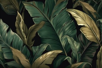 Exquisite tropical pattern with golden green banana leaves and palm on dark background; vintage 3D hand-drawn illustration. Ideal for luxurious wallpapers, clothing, fabric printing. Generative AI