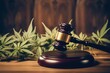 A judge's gavel on a stand surrounded by marijuana leaves on a wooden background.