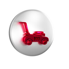 Canvas Print - Red Lawn mower icon isolated on transparent background. Lawn mower cutting grass. Silver circle button.