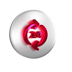 Poster - Red Telephone 24 hours support icon isolated on transparent background. All-day customer support call-center. Full time call services. Silver circle button.