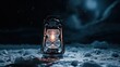 An Image of a Camping LED Lantern on Cracked Ice Surface