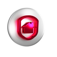 Poster - Red House under protection icon isolated on transparent background. Home and shield. Protection, safety, security, protect, defense concept. Silver circle button.