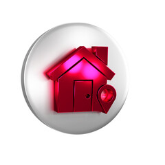 Poster - Red Map pointer with house icon isolated on transparent background. Home location marker symbol. Silver circle button.