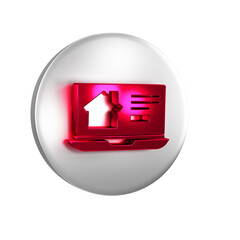 Poster - Red Online real estate house on laptop icon isolated on transparent background. Home loan concept, rent, buy, buying a property. Silver circle button.