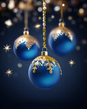Fototapeta  - Zimowa kartka świąteczna, niebieskie tło zimowe z bańkami świątecznymi na choince i z miejscem na tekst i życzenia