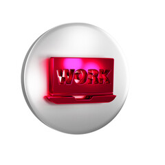 Poster - Red Laptop with text work icon isolated on transparent background. Silver circle button.