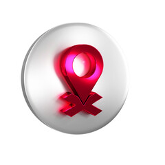 Poster - Red Map pin icon isolated on transparent background. Navigation, pointer, location, map, gps, direction, place concept. Silver circle button.