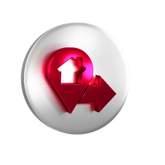 Poster - Red Map pointer with house icon isolated on transparent background. Home location marker symbol. Silver circle button.
