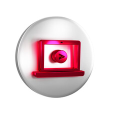 Sticker - Red Online play video icon isolated on transparent background. Laptop and film strip with play sign. Silver circle button.