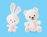 Fototapeta Dziecięca - 3d White Cute Teddy Bear and Funny Bunny Toys Cartoon Style on a Blue Background. Vector illustration of Baby Bear and Rabbit