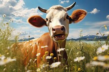 Portrait Of A Happy Cow In The Meadow