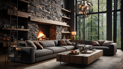 Modern living room with a fireplace.