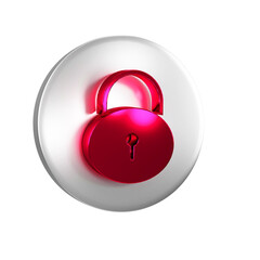 Poster - Red Lock icon isolated on transparent background. Padlock sign. Security, safety, protection, privacy concept. Silver circle button.