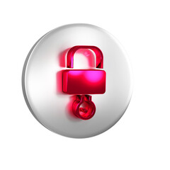 Poster - Red Lock and key icon isolated on transparent background. Padlock sign. Security, safety, protection, privacy concept. Silver circle button.