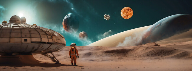 Wall Mural - Astronaut with spaceship and rover on the surface of the moon, galaxy view, colorful galaxy, wallpaper.