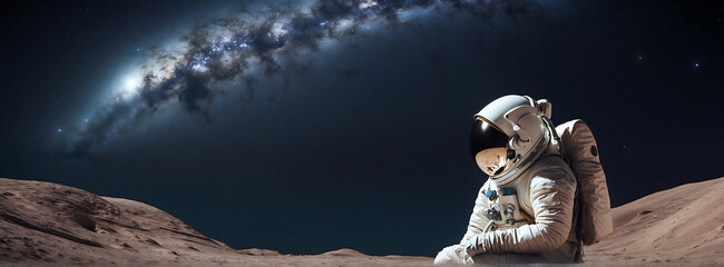 Wall Mural - Astronaut in a desolate cosmic landscape, sitting on the moon, galaxy view, colorful galaxy, wallpaper.