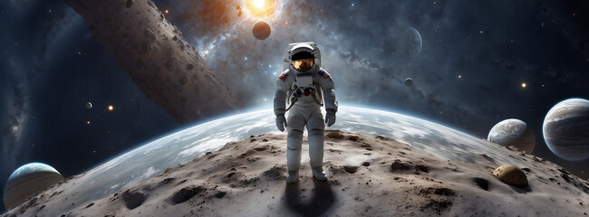 Wall Mural - Astronaut is navigating among various celestial bodies, such as planets, stars, and asteroids, galaxy view, colorful galaxy, wallpaper.