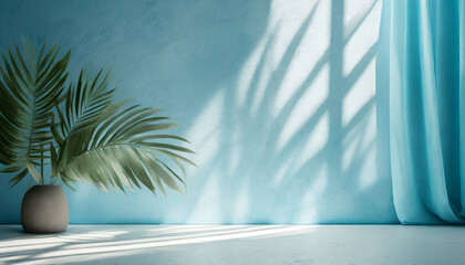 Wall Mural - minimal abstract light blue background for product presentation shadow of tropical leaves and curtains window on plaster wall